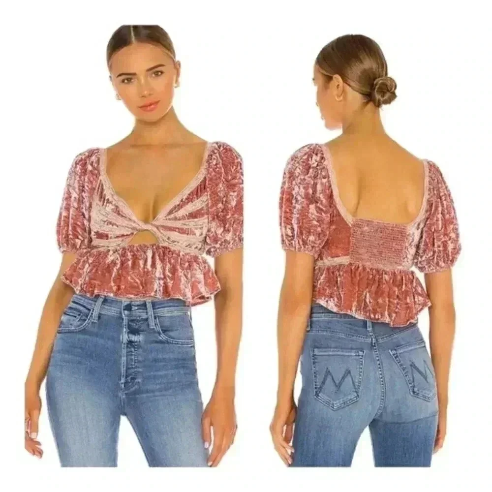 Free People Yours Truly Velvet Crop Top Mauve Crushed Velvet XS